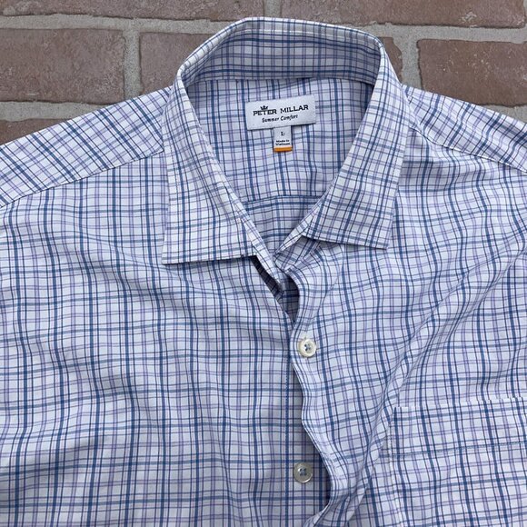 Peter Millar Shirt Men Large Blue Pink Check Plaid Summer Comfort Nylon Stretch - Picture 2 of 11